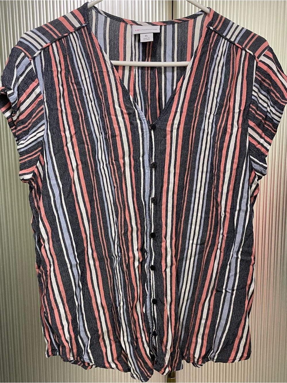 Liz Claiborne Womens Multicolor Striped V Neck Button Up Cap Sleeve Blouse  XL